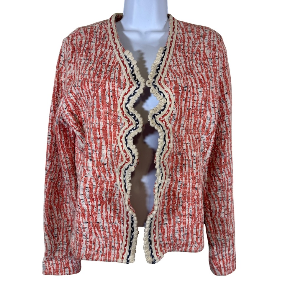 NIC+ZOE Med Orange White‎ Textured Knit Scallop Trim Open Front Cardigan Jacket